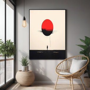 Abstrakte Minimalistische Rote Sonne und Einsamkei Poster