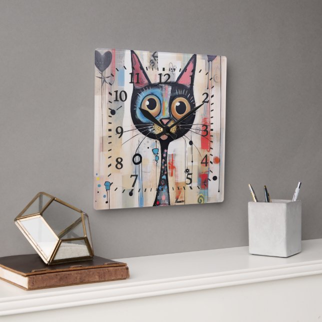 Abstrakte Mit Augen Happy Cat Quadratische Wanduhr (Büro)
