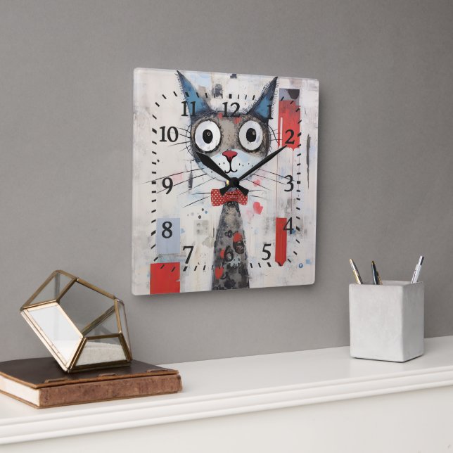 Abstrakte Mit Augen Katze Quadratische Wanduhr (Büro)