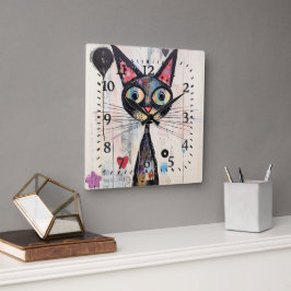 Abstrakte Mit Augen Katze Quadratische Wanduhr