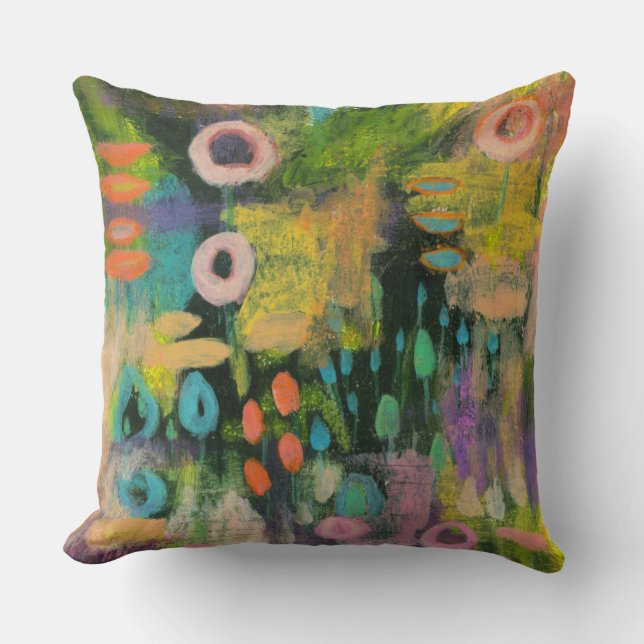 Abstrakte Mixed Media Floral Primitive Art Malerei Kissen (Vorderseite)