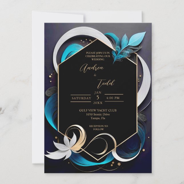 Abstrakte, moderne aquamarine, weiße Hochzeit Einladung (Vorderseite)