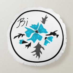 Abstrakte, moderne blaue Blume, graue Blätter druc Rundes Kissen