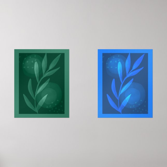 Abstrakte moderne botanische Blätter blau und grün Bilderwand Sets (Vorderseite)