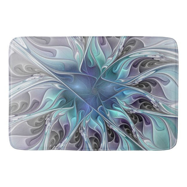 Abstrakte moderne Fraktal-Blume mit Blau geblüht Badematte (Vorderseite)