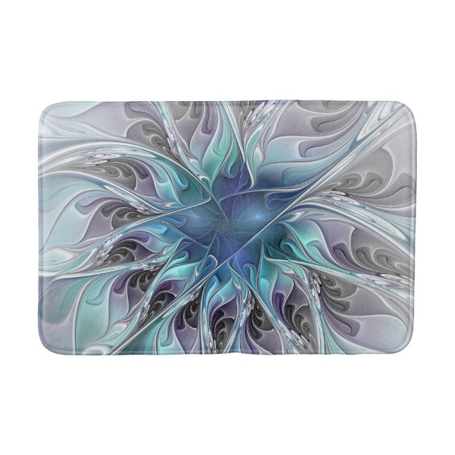 Abstrakte moderne Fraktal-Blume mit Blau geblüht Badematte (Vorderseite)