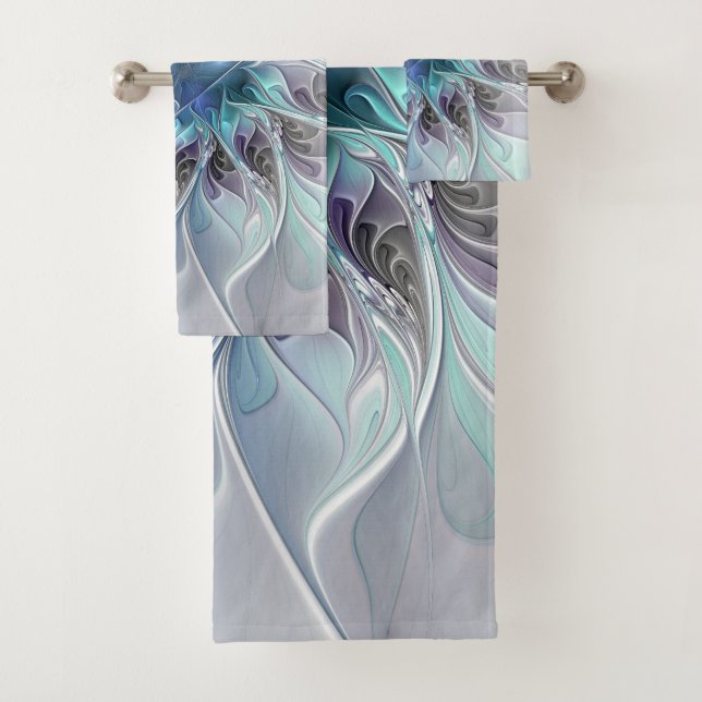 Abstrakte moderne Fraktal-Blume mit Blau geblüht Badhandtuch Set (Insitu)
