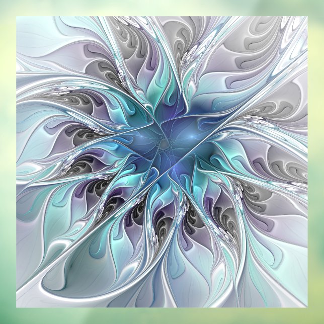 Abstrakte moderne Fraktal-Blume mit Blau geblüht Fensteraufkleber (Blatt 3)