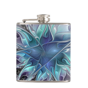 Abstrakte moderne Fraktal-Blume mit Blau geblüht Flachmann