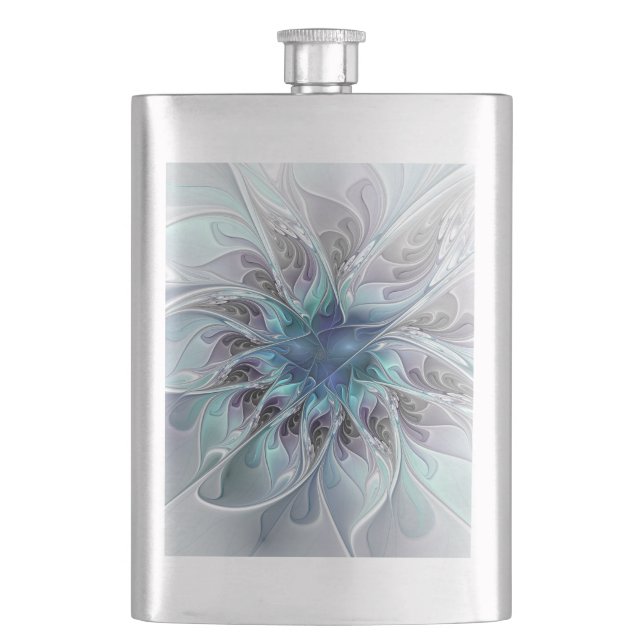 Abstrakte moderne Fraktal-Blume mit Blau geblüht Flachmann (Vorderseite)