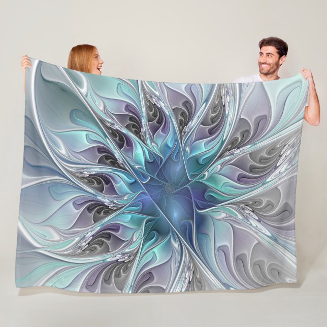 Abstrakte moderne Fraktal-Blume mit Blau geblüht Fleecedecke (Beispiel)