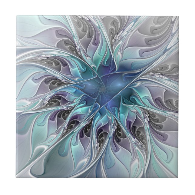 Abstrakte moderne Fraktal-Blume mit Blau geblüht Fliese (Vorderseite)