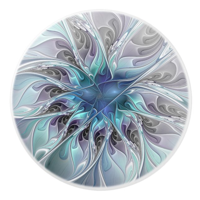 Abstrakte moderne Fraktal-Blume mit Blau geblüht Keramikknauf (Vorderseite)