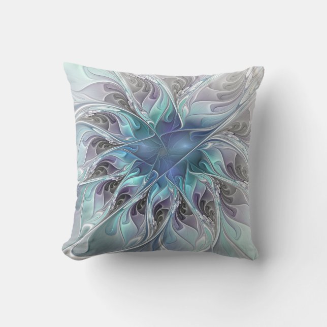 Abstrakte moderne Fraktal-Blume mit Blau geblüht Kissen (Vorderseite)