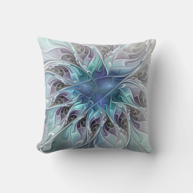 Abstrakte moderne Fraktal-Blume mit Blau geblüht Kissen (Vorderseite)