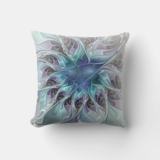 Abstrakte moderne Fraktal-Blume mit Blau geblüht Kissen (Vorderseite)
