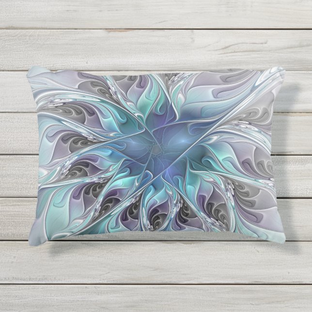 Abstrakte moderne Fraktal-Blume mit Blau geblüht Kissen Für Draußen (Vorderseite)