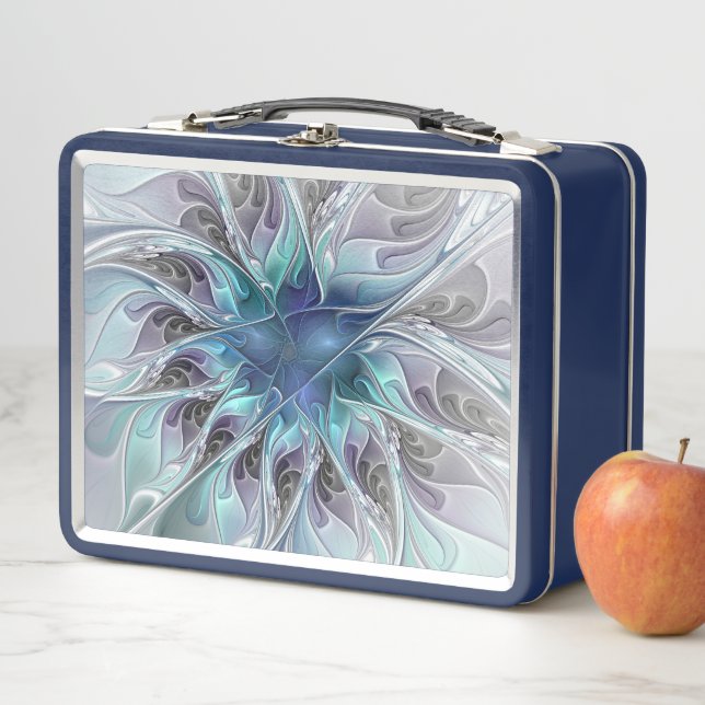 Abstrakte moderne Fraktal-Blume mit Blau geblüht Metall Lunch Box (Beispiel)