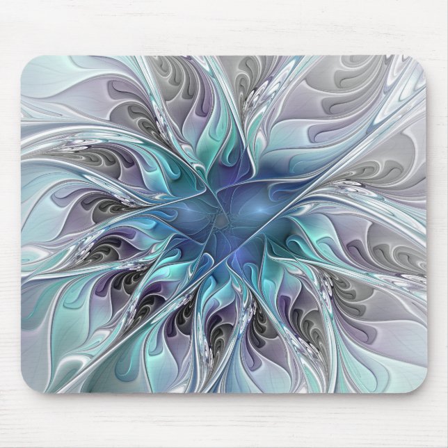 Abstrakte moderne Fraktal-Blume mit Blau geblüht Mousepad (Vorne)