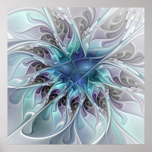 Abstrakte moderne Fraktal-Blume mit Blau geblüht Poster