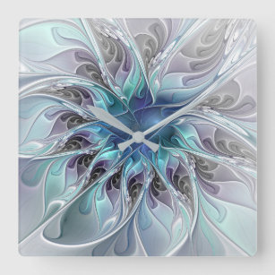 Abstrakte moderne Fraktal-Blume mit Blau geblüht Quadratische Wanduhr