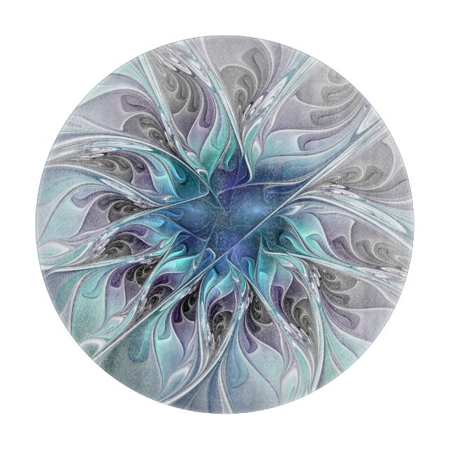 Abstrakte moderne Fraktal-Blume mit Blau geblüht Schneidebrett (Vorderseite)