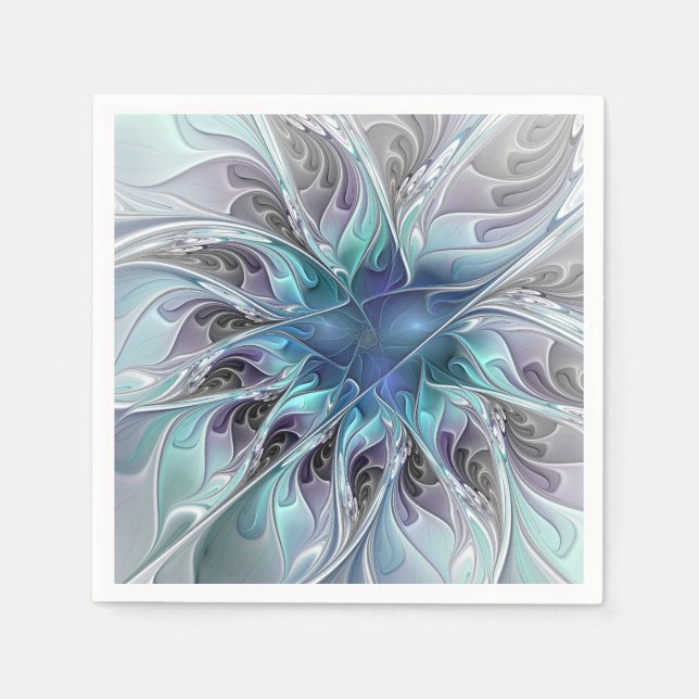Abstrakte moderne Fraktal-Blume mit Blau geblüht Serviette (Vorderseite)