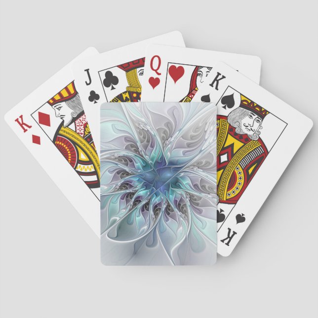 Abstrakte moderne Fraktal-Blume mit Blau geblüht Spielkarten (Rückseite)
