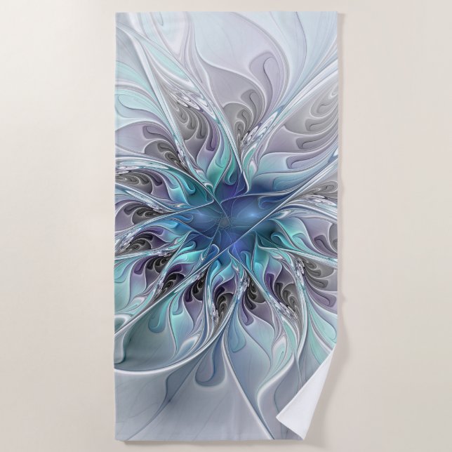 Abstrakte moderne Fraktal-Blume mit Blau geblüht Strandtuch (Vorderseite)