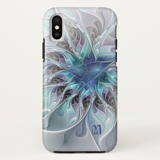 Abstrakte moderne Fraktal-Blume mit blauem Monogra Case-Mate iPhone Hülle (Rückseite)