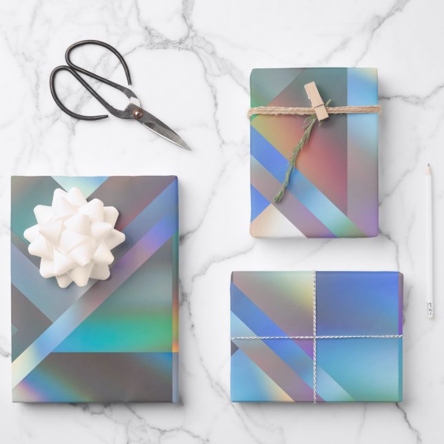 Abstrakte moderne geometrische Pastel holografisch Geschenkpapier Set (Vorderseite)