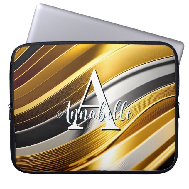 Abstrakte moderne Gold Silver & Bronze Waves Laptopschutzhülle (Vorderseite)