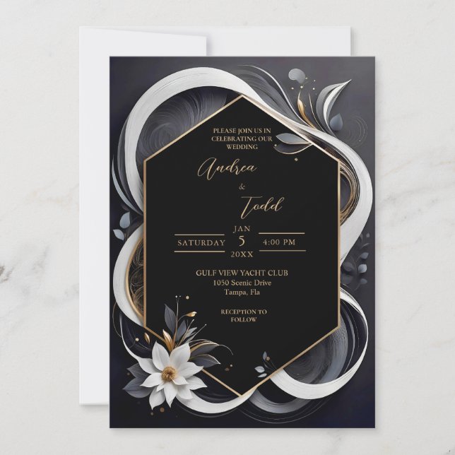 Abstrakte, moderne Hochzeit in Weiß und Gold Einladung (Vorderseite)