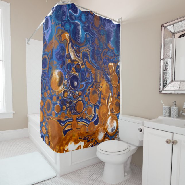 Abstrakte moderne Kunst in Blau und Kupfer Duschvorhang (Beispiel)