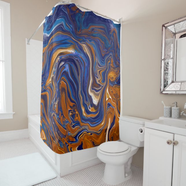 Abstrakte moderne Kunst in Blau und Kupfer Duschvorhang (Beispiel)