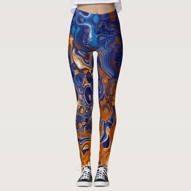 Abstrakte moderne Kunst in Blau und Kupfer Leggings (Vorderseite)