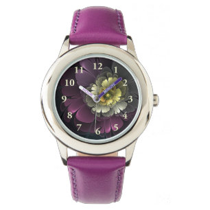 Abstrakte moderne Purpur-Khaki-Grau-Fraktal-Blume Armbanduhr