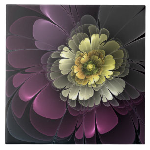 Abstrakte moderne Purpur-Khaki-Grau-Fraktal-Blume Fliese