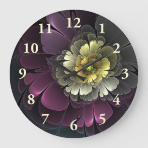 Abstrakte moderne Purpur-Khaki-Grau-Fraktal-Blume Große Wanduhr