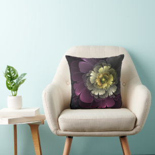 Abstrakte moderne Purpur Khaki Grau Fraktal-Blume Kissen