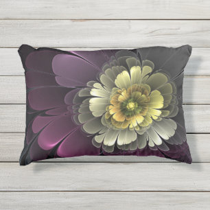 Abstrakte moderne Purpur-Khaki-Grau-Fraktal-Blume Kissen Für Draußen