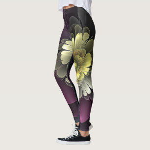 Abstrakte moderne Purpur-Khaki-Grau-Fraktal-Blume Leggings