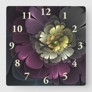 Abstrakte moderne Purpur-Khaki-Grau-Fraktal-Blume Quadratische Wanduhr
