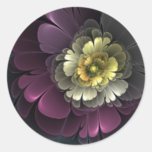 Abstrakte moderne Purpur-Khaki-Grau-Fraktal-Blume Runder Aufkleber