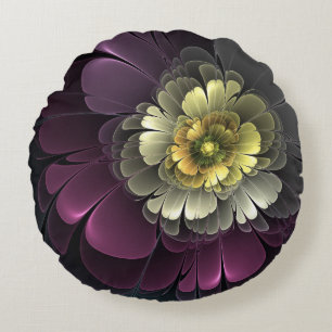 Abstrakte moderne Purpur-Khaki-Grau-Fraktal-Blume Rundes Kissen