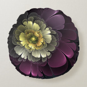 Abstrakte moderne Purpur-Khaki-Grau-Fraktal-Blume Rundes Kissen