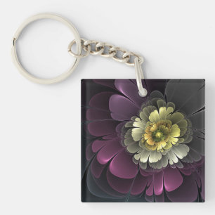 Abstrakte moderne Purpur Khaki-Grau-Fraktal-Blume Schlüsselanhänger