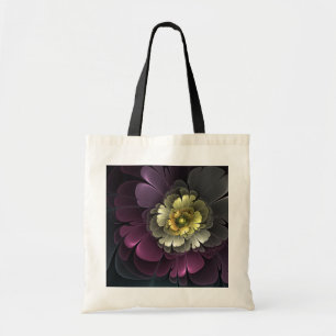 Abstrakte moderne Purpur-Khaki-Grau-Fraktal-Blume Tragetasche