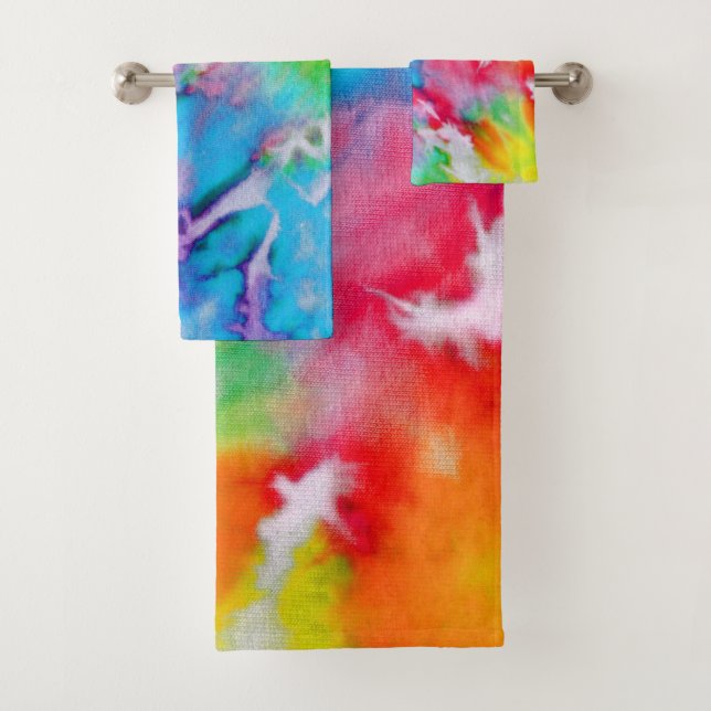 Abstrakte moderne Regenbogenfarben Batik-Gefärbte  Badhandtuch Set (Insitu)