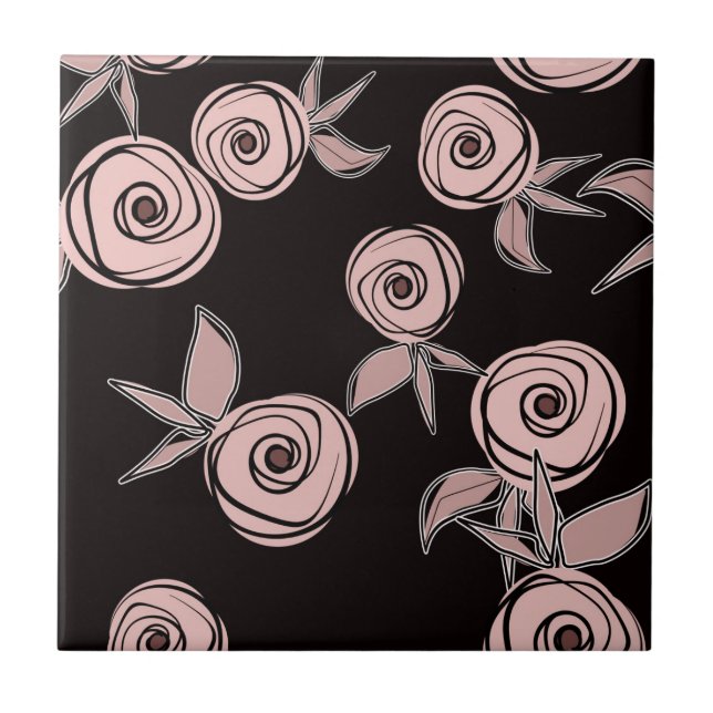 Abstrakte moderne Rose Blume Rosa Schwarz Flöte Fliese (Vorderseite)